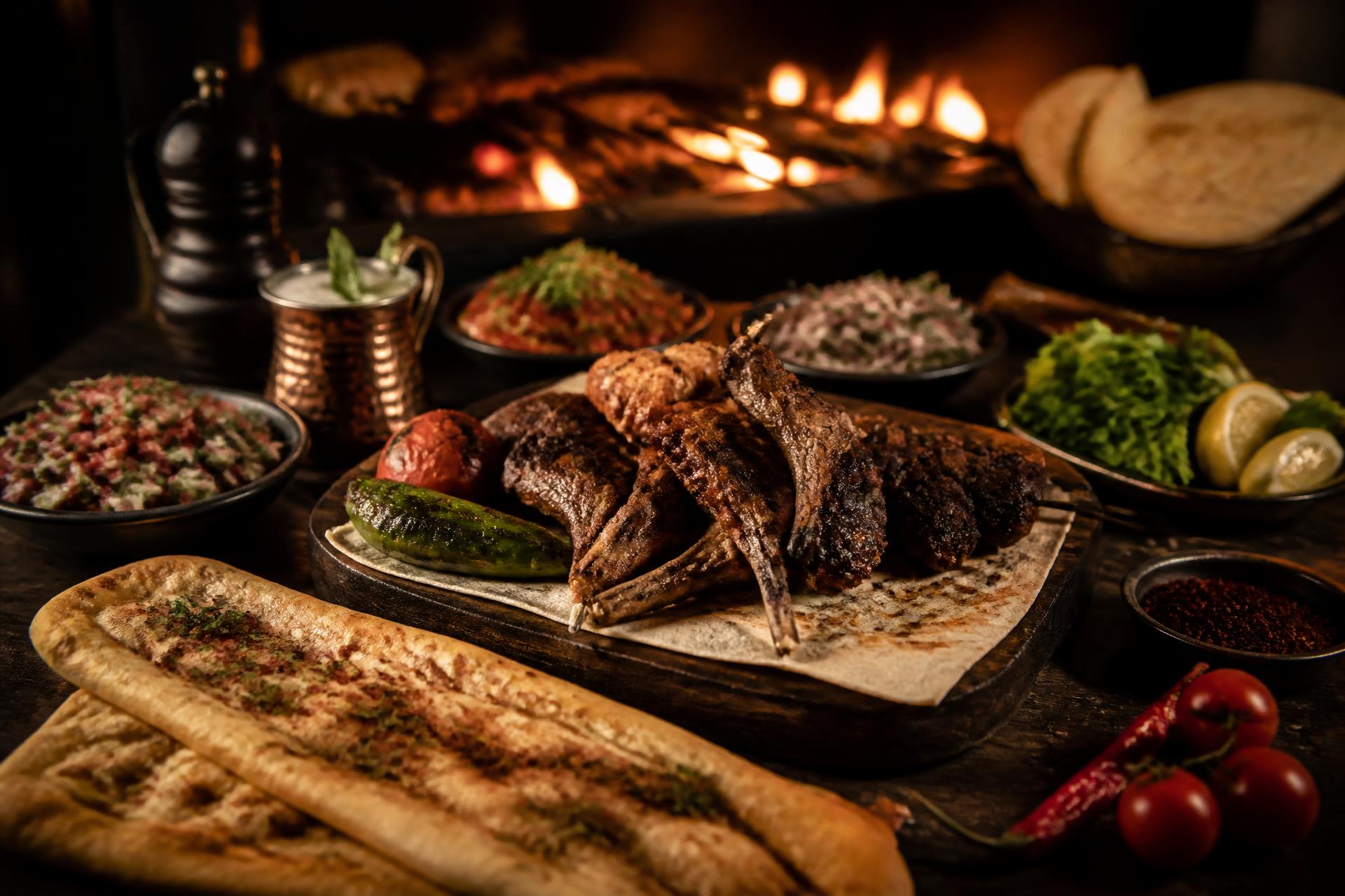 Kardeşler Restoran'da odun ateşinde hazırlanan kebap ve etli ekmek sofrası
